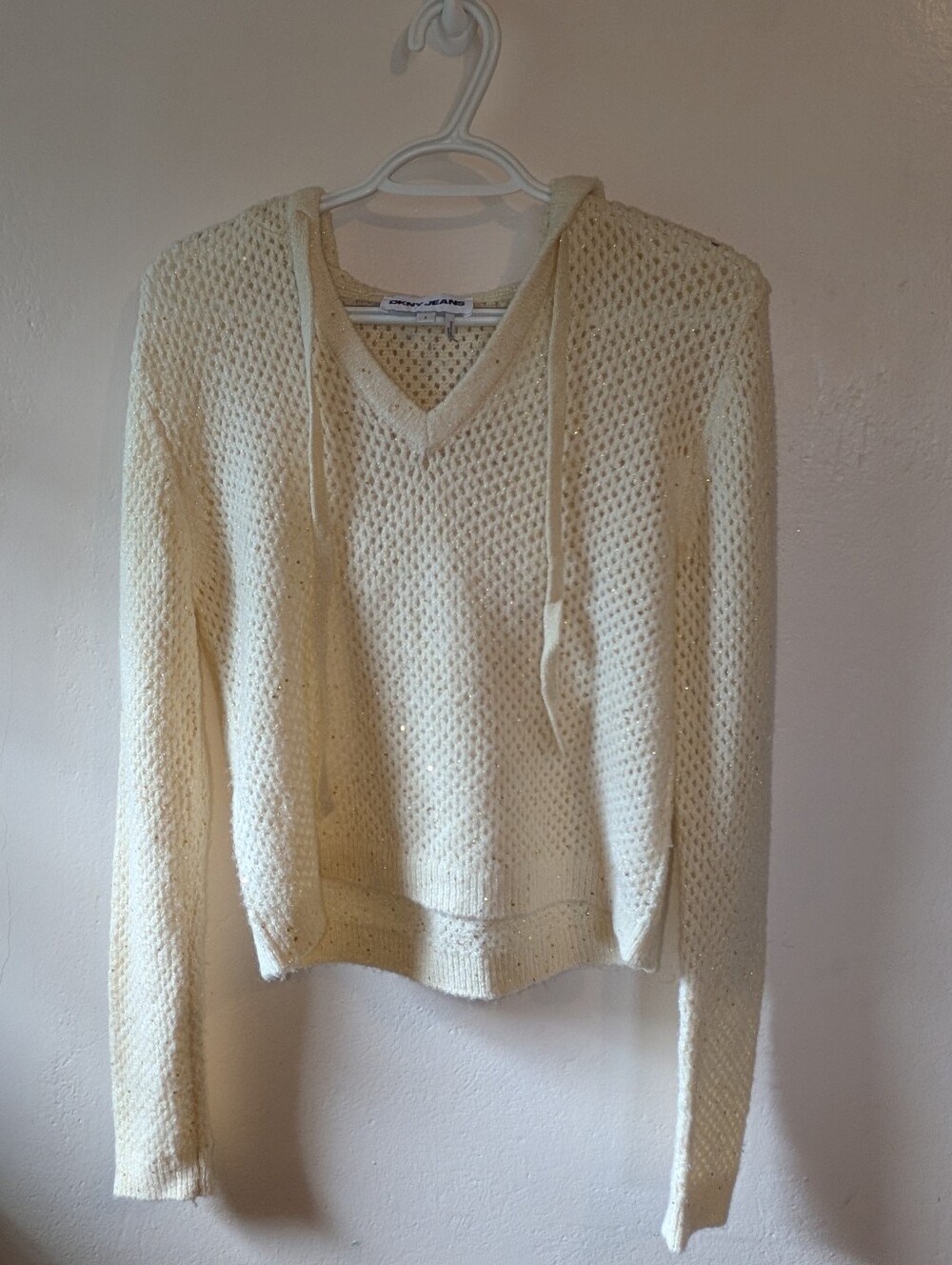 DKNY Cream Open‑Knit V‑Neck Hooded Sweater
